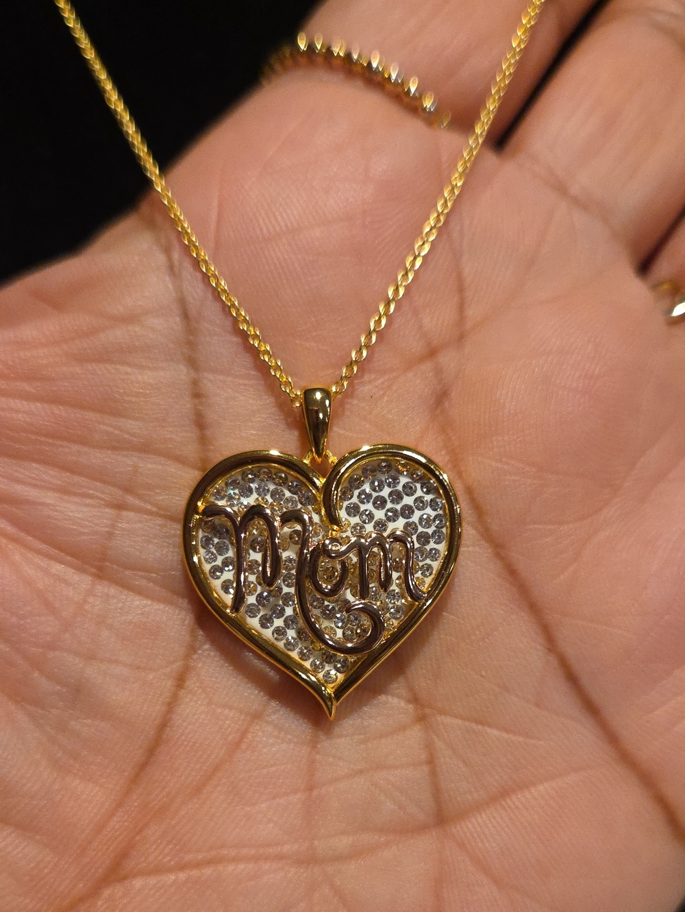 Sterling Silver Gold Over Heart MOM Pendant Necklace with Pavé Crystals